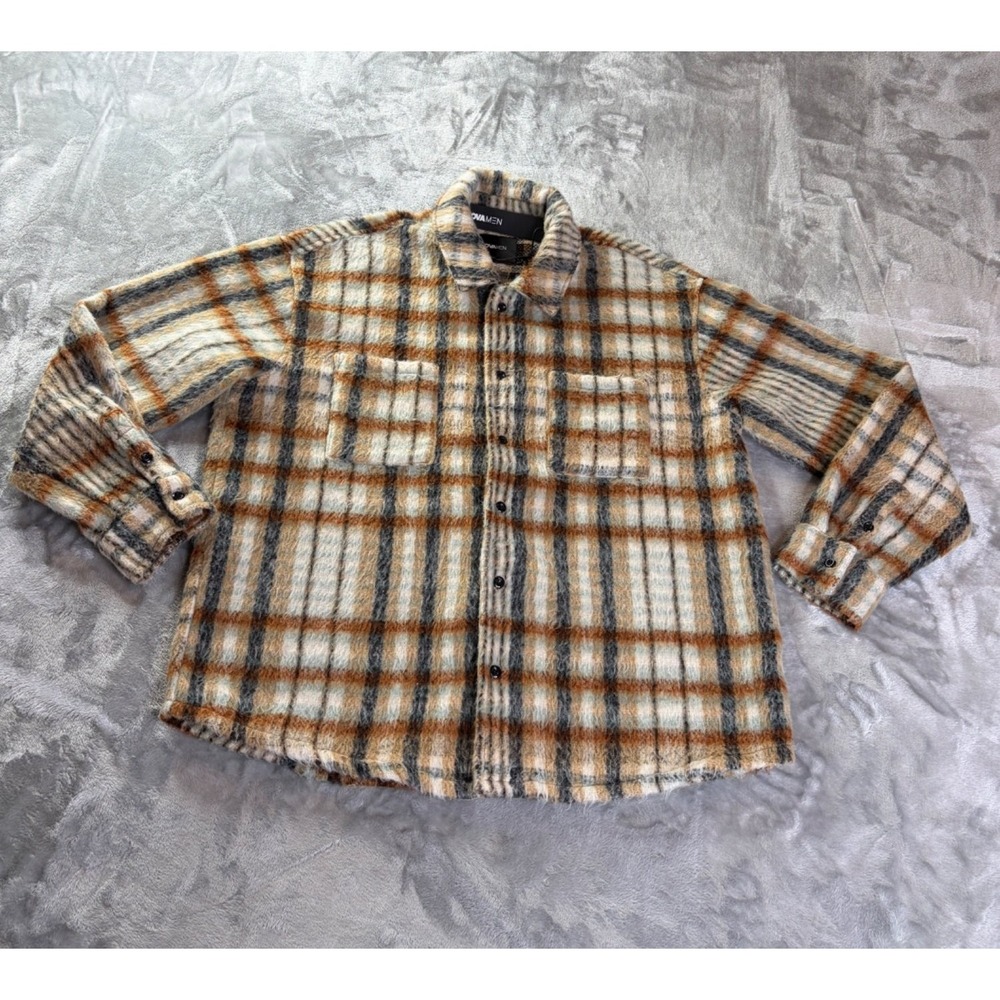 Novamen Move Up Plaid Shacket Men's L Tan Polyester Long Sleeves NWT Mens